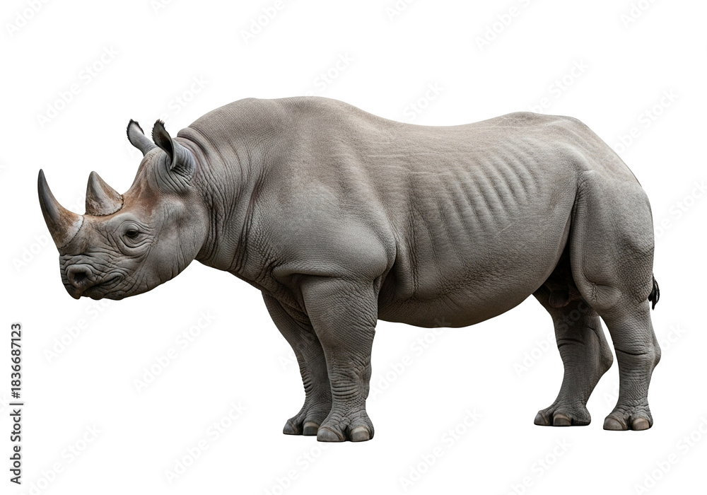 Obraz premium A majestic and powerful black rhinoceros stands proudly, showcasing its massive horn and thick, wrinkled skin, captured in a detailed photograph, isolated on transparent background.
