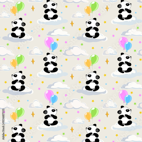 Little pandas with balloons and stars in the clouds.Vector seamless pattern with adorable pandas, stars and balloons on a light background.
