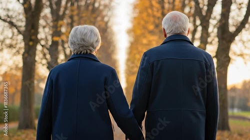 Loving senior couple holding hands walking away together through a sunlit golden autumn park avenue symbolizing everlasting relationship and devotion