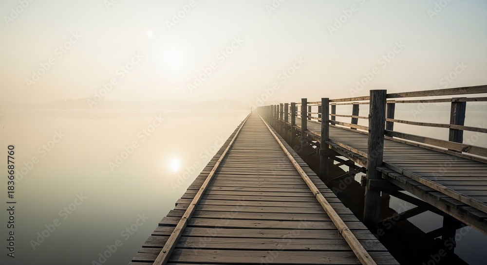 Naklejka premium A wooden pier extends into a misty lake at sunrise, creating a serene and atmospheric scene.