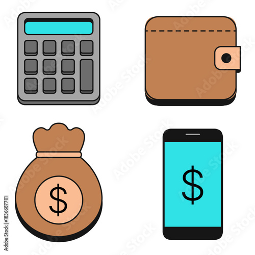Flat Design Finance Element With Calculator, Wallet, Money Bag, and Smartphone