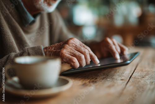 Ältere Person nutzt Tablet am Holztisch im gemütlichen Zuhause