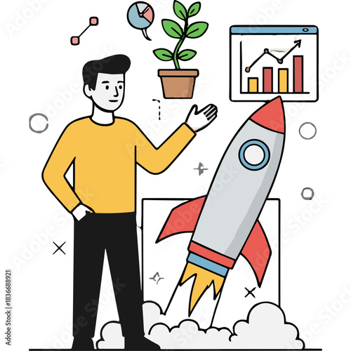 Man stands near a launching rocket with graphs and plant symbolizing business growth and startup success in a stylized illustration
