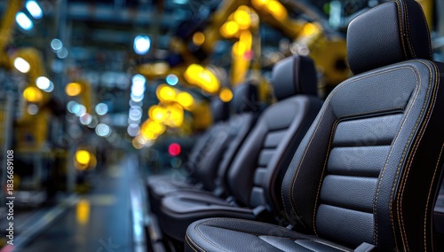 Row of automotive seats on an assembly line with blurred factory lights