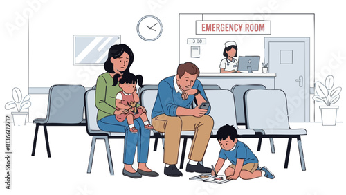 Family waiting in emergency room with children feeling anxious  