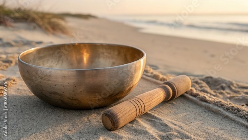 Metal bowl and wooden striker on beach for meditation