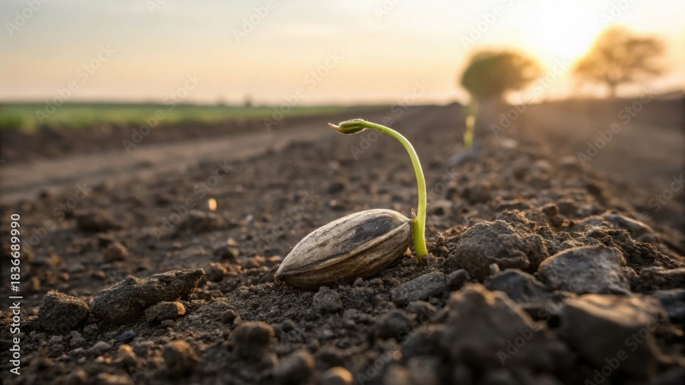 Fototapeta premium Sunflower seed sprouting in damp soil with new life emerging