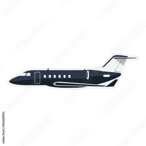Dark blue private jet airplane exterior profile view isolated on black background with white accents on wings and tail symbolizing luxury travel and aviation industry business transport