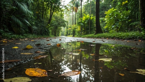 Wet jungle ground with puddle reflecting trees and sky