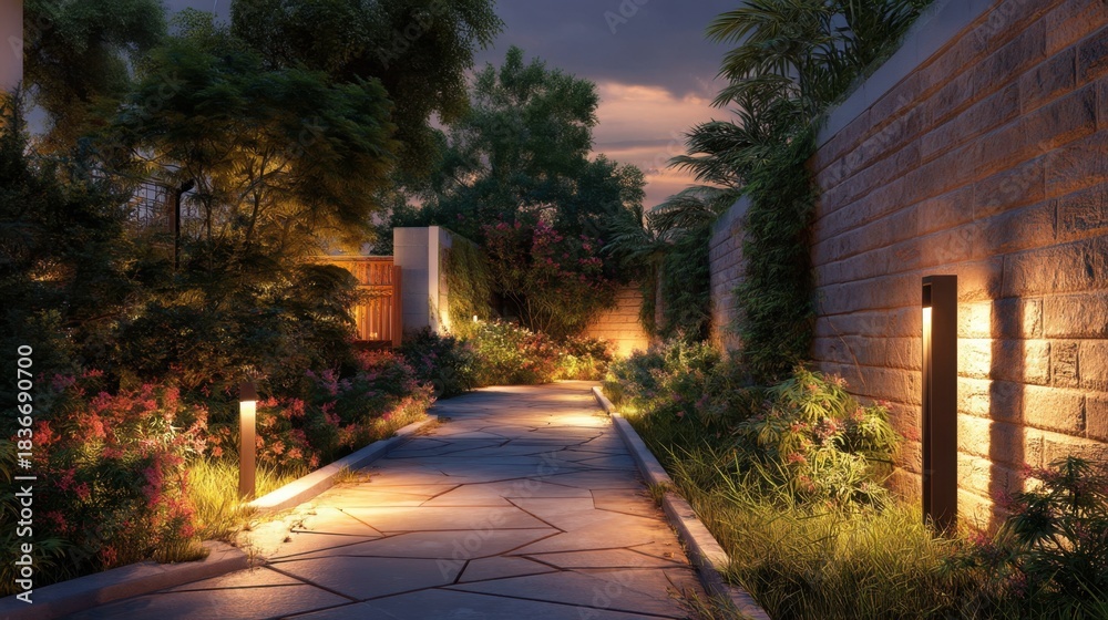 Fototapeta premium A pathway is surrounded by greenery and flowers with soft lights illuminating the edges. The setting is dusk with a clear sky inviting people to take evening strolls.