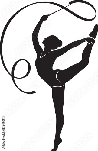 Rhythmic gymnast silhouette, female athlete, ribbon routine, artistic leap, split jump, swirling ribbon, dynamic pose, black vector graphic, white background, minimalist design, elegant sports illustr