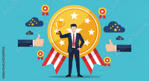 Successful businessman holding trophy and award with thumbs up icons and stars, representing achievement and recognition in business