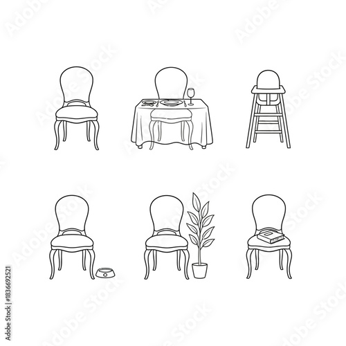 furniture arrangement chairs table plant food bowl highchair showcase diverse home interior elements perfect for design and lifestyle blogs