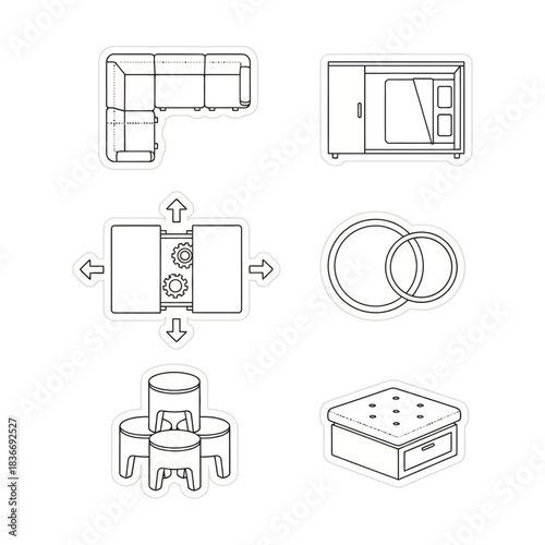 furniture arrangement creating interior design plan featuring sectional sofa bed rings ottoman and stools perfect for home decor and space optimization.