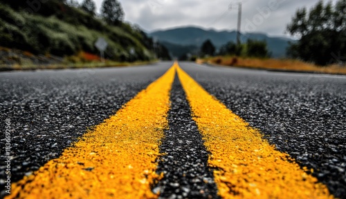 Asphalt road with yellow double line receding into misty mountains under overcast sky