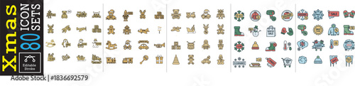 80 Christmas Icons – Editable Stroke Holiday Vector Set in Gold and Color Styles
