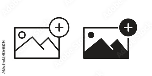 Add photos icons for web design set in black stroke and solid style. EPS10