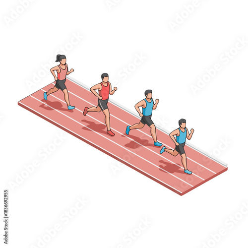 Diverse group of athletes competing in a track and field race on a sunlit outdoor running track during daytime with a focus on speed and athletic competition