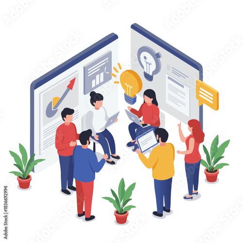 Diverse group of people collaborating on a business project presenting data charts and ideas in a modern isometric vector illustration with plants and bright lighting