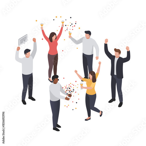 Diverse Group of People Celebrating with Confetti and Champagne Glasses in a Festive Gathering with a Speech Bubble Icon Symbolizing Communication Success and Teamwork