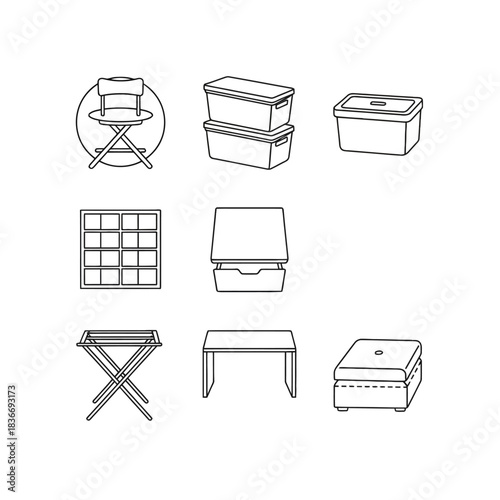 Furniture outlines chair storage containers cabinet table ottoman for organizing home goods and decluttering interior spaces effectively.