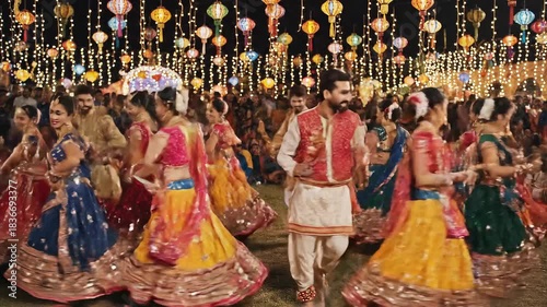 Vibrant Indian Festival Celebration Joyful Group Dancing Under Festive Lantern Lights at Night