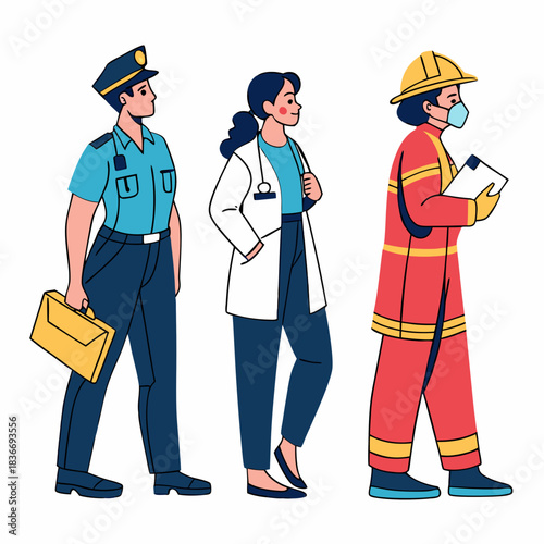 Frontliner workers group. Frontline professionals, people at service. Police officer, medical staff, doctor, firefighter, construction staff. Flat vector illustration isolated on white background