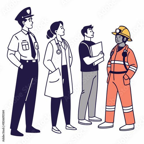Frontliner workers group. Frontline professionals, people at service. Police officer, medical staff, doctor, firefighter, construction staff. Flat vector illustration isolated on white background