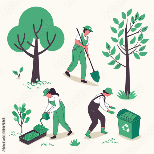 Green jobs set with nature friendly and sustainable work tiny person collection. Elements with ecological professional tasks and occupation with organic or environmental tasks vector illustration