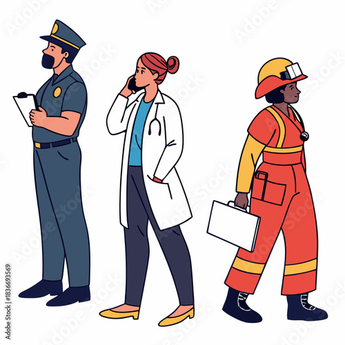 Frontliner workers group. Frontline professionals, people at service. Police officer, medical staff, doctor, firefighter, construction staff. Flat vector illustration isolated on white background