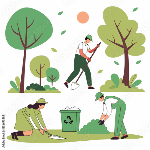 Green jobs set with nature friendly and sustainable work tiny person collection. Elements with ecological professional tasks and occupation with organic or environmental tasks vector illustration