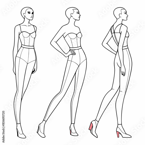 Female body mannequin. Template for fashion sketch ideas of women's clothing. Fashion design. Luxury outline vector illustration set