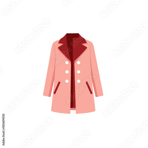 Elegant Pink Double Breasted Mid Length Trench Coat With Deep Red Lining And White Buttons Isolated On Black Background