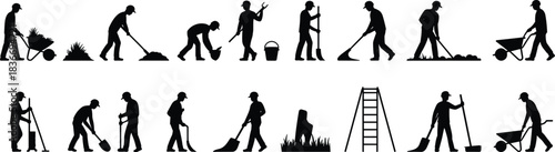 Silhouette set of gardening and landscaping workers with tools, wheelbarrows, rakes, shovels, sweeping, trimming, and outdoor maintenance icons