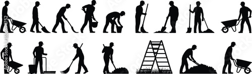 Gardening and landscaping worker silhouettes performing outdoor tasks with tools, wheelbarrow, shovel, rake, broom, bucket, soil, mulch, ladder