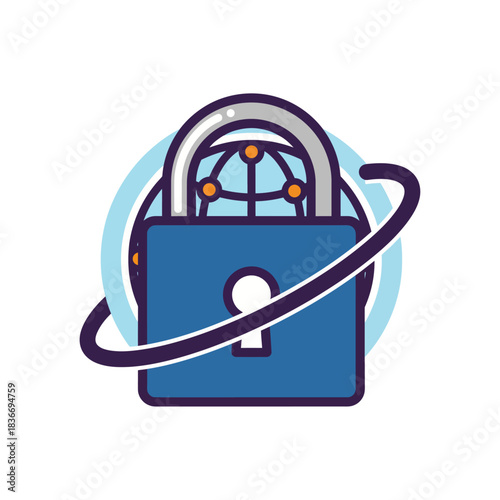 global data security protecting worldwide network information with a secure padlock and orbiting band symbolizing global cybersecurity and data privacy.