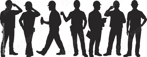 Construction workers team in silhouette wearing safety helmets, showing diverse roles, teamwork, and industrial activity in engineering site environment.