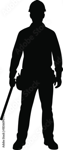 Silhouette of construction worker with hard hat, tool belt, and pipe, standing confidently for labor, engineering, and safety-themed illustrations