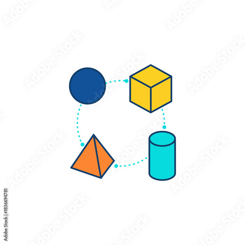 geometric shapes connection for visual communication  design linking cube sphere pyramid cylinder representing abstract ideas in network concepts