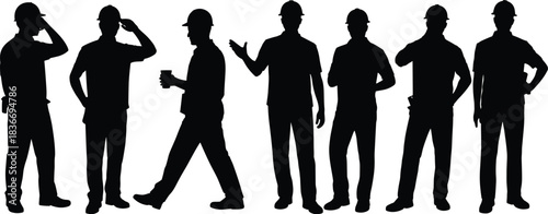 Construction workers in various poses wearing hard hats, industrial labor silhouettes for safety, signage, training, teamwork, and occupational illustration.