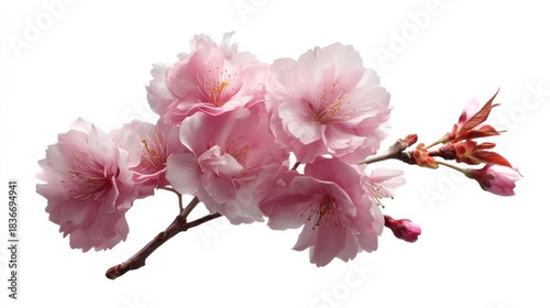 A branch displays pink cherry blossom flowers and several budding flowers. The setting captures the essence of a spring moment with vibrant colors.