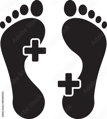 Medical Footprint Symbol: Two symmetrical footprints, each bearing a prominent medical cross, symbolize healthcare, indicating wellness and medical attention. 
