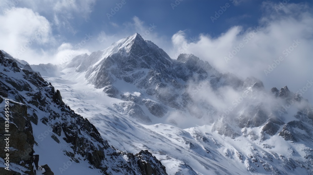 Obraz premium A high mountain covered in snow rises above clouds with a rocky area in the foreground. The sky is mostly clear with some clouds scattered. Bright daylight shines on the scene.