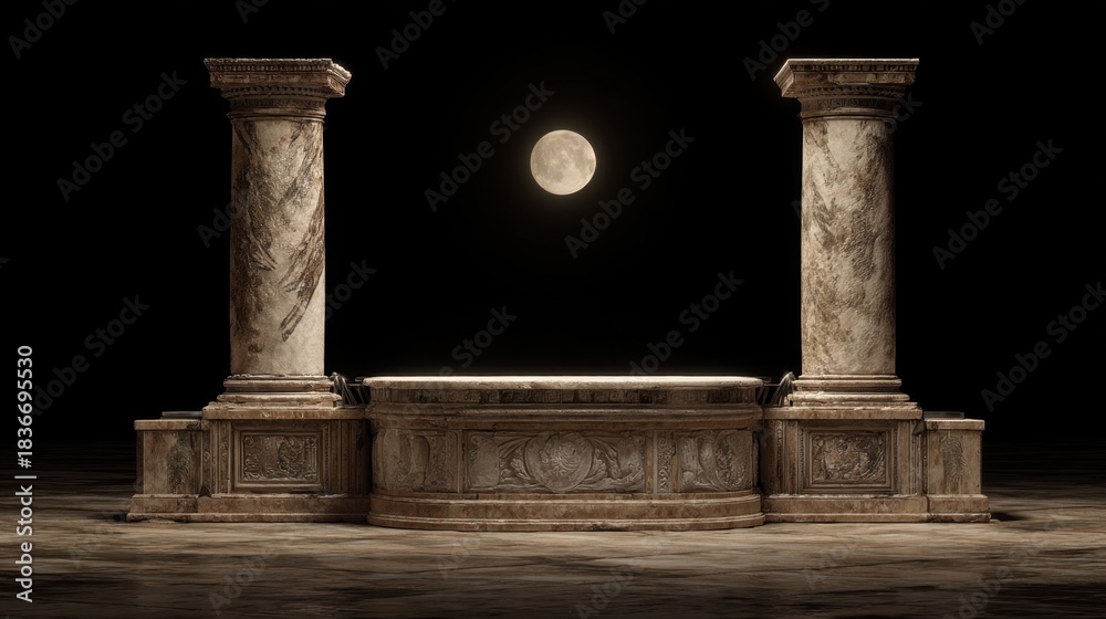 Naklejka premium A stone structure with tall columns sits in an empty space at night. A full moon is visible above the scene offering bright light. The ground looks smooth and solid.