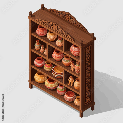 Wooden Shelf Adorned with Pottery and Figurines Depicting Cultural Heritage