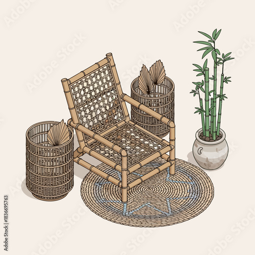 Bamboo armchair surrounded by woven textures and verdant plant life display