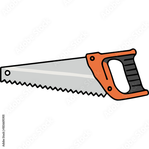 Orange and Gray Hand Saw with Serrated Metal Blade Isolated on Black Background