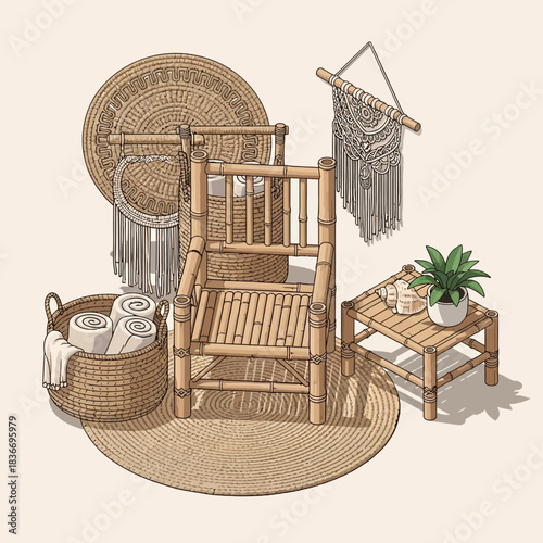 Interior scene with bamboo furniture and home accessories in earthy tones