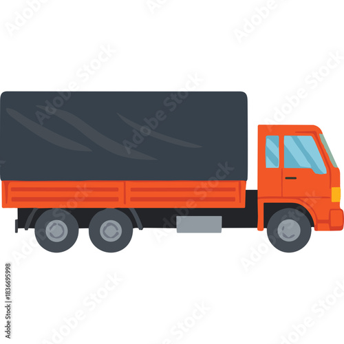 Orange flatbed truck with a dark grey tarp covering the cargo area and three wheels on each side viewed from the side against a black background