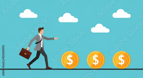 Businessman Running Towards Giant Coins in Open Sky Environment Illustration with Side View Perspective